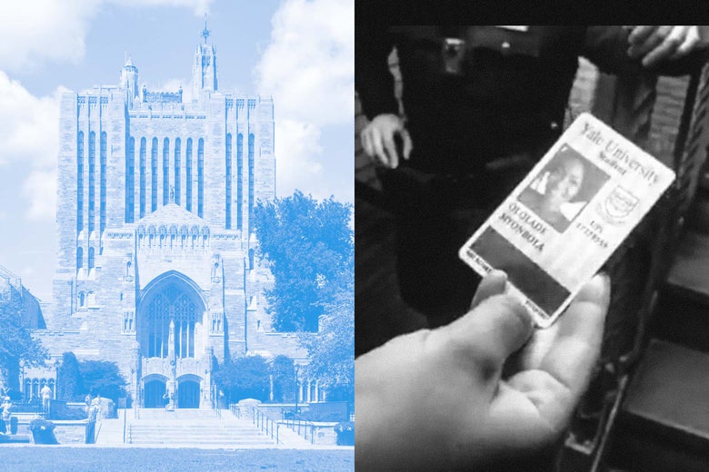 Yale campus, a still from Lolade Siyonbola's live broadcast of being interrogated by campus police where her ID card is being inspected.